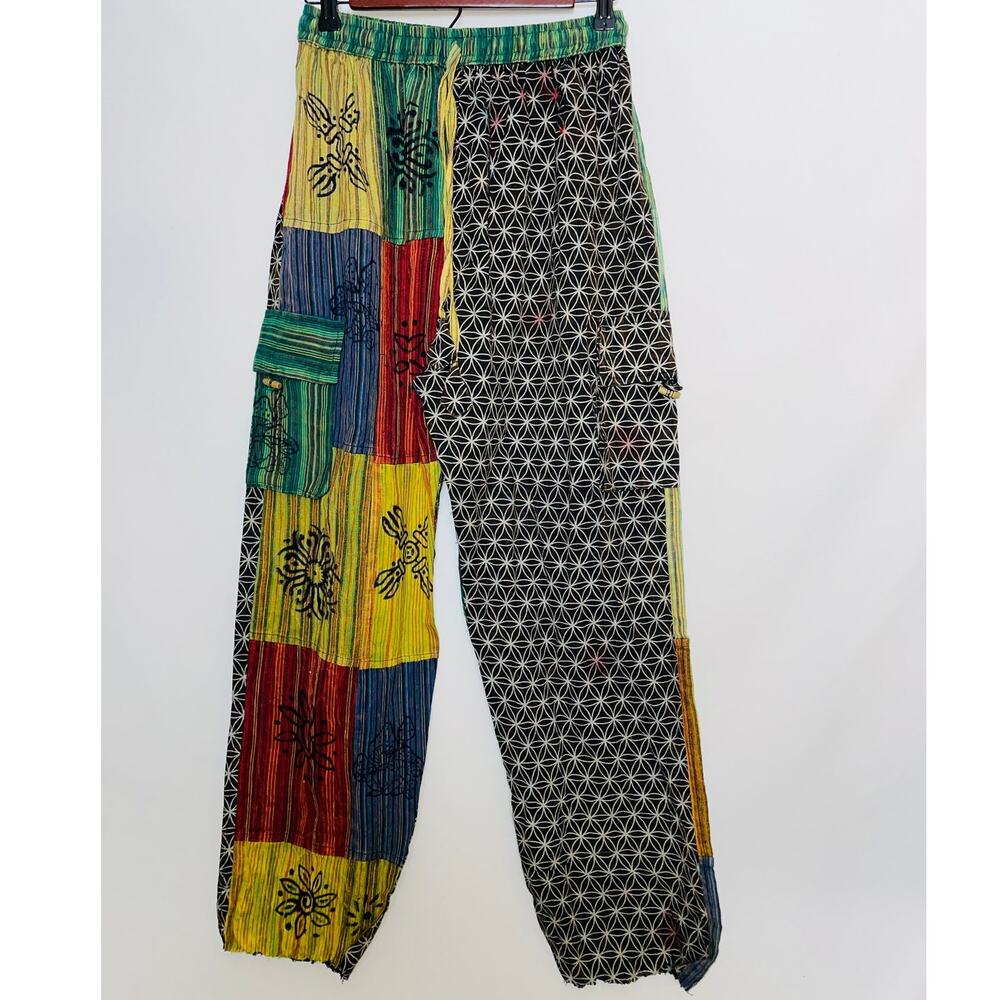 Vibrant 100% Cotton Pants Made in Nepal - Size S/M - Cargo & Other Pockets